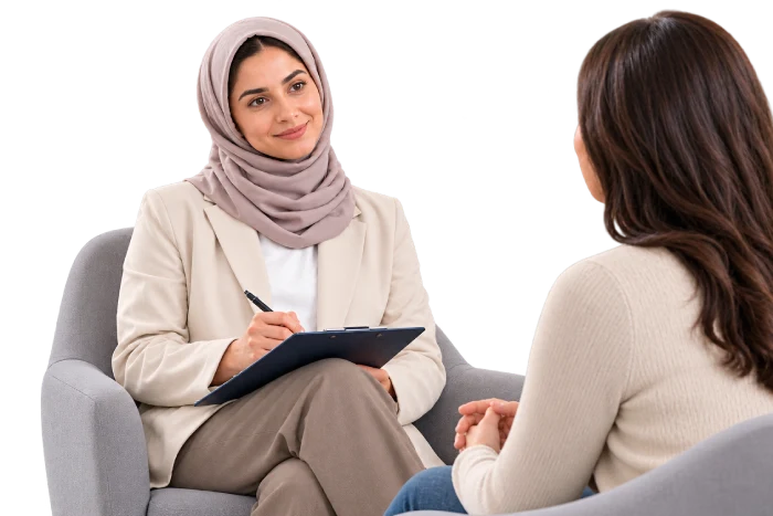روانشناس خانم در حال شنیدن صحبتهای بیمار